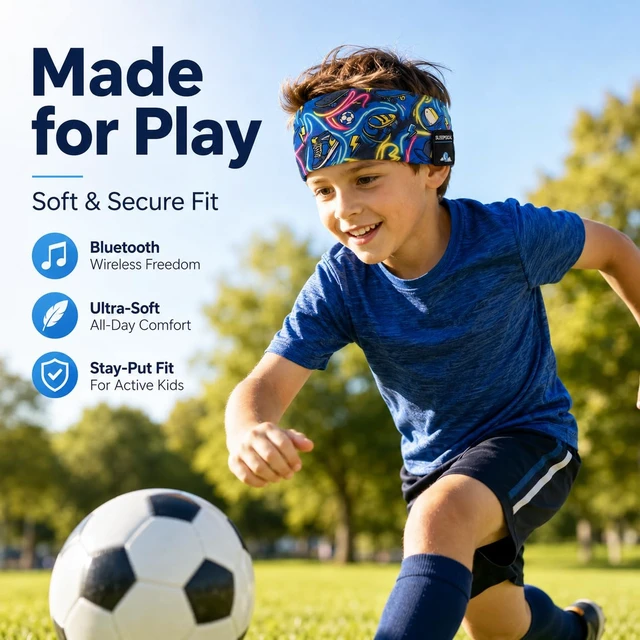 Alt view image 2 of 6 - Kids Bluetooth 5.4 Headband Headphones, Adjustable Toddler Sports Headband Earphones with Mic, Soft Wireless Sleep Headphones for Baby Kids Travel Plane School Tablet Workout(Blue)