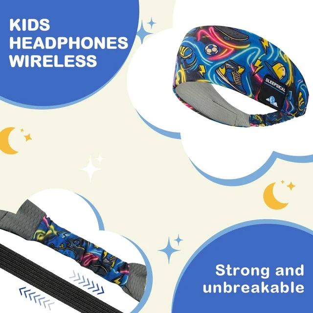 Alt view image 4 of 6 - Kids Bluetooth 5.4 Headband Headphones, Adjustable Toddler Sports Headband Earphones with Mic, Soft Wireless Sleep Headphones for Baby Kids Travel Plane School Tablet Workout(Blue)
