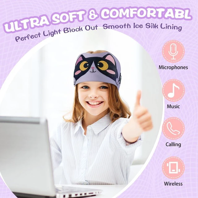 Alt view image 3 of 7 - Kids Headband Headphones,Toddler Bluetooth Sleep Mask,Adjustable Wireless Headphones with Wired Playback Type C Jack Suitable for Study, Travel and Sleep(Purple)