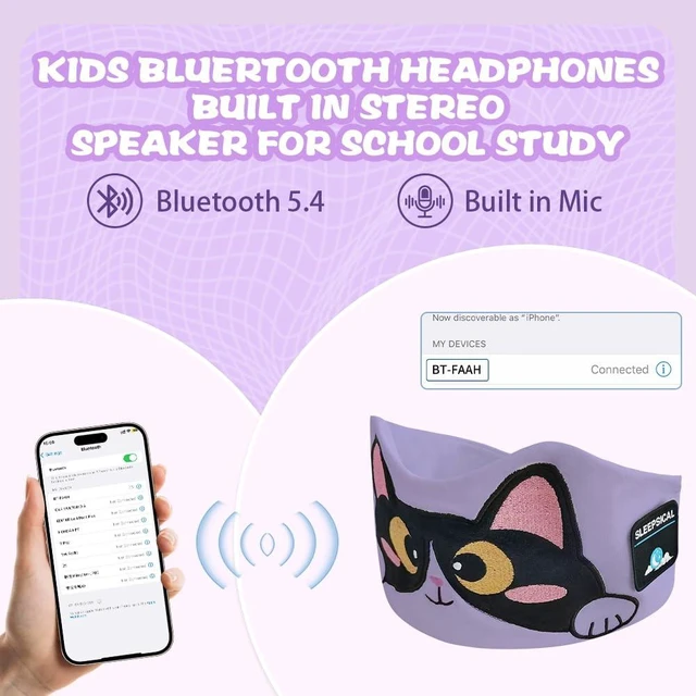 Alt view image 4 of 7 - Kids Headband Headphones,Toddler Bluetooth Sleep Mask,Adjustable Wireless Headphones with Wired Playback Type C Jack Suitable for Study, Travel and Sleep(Purple)