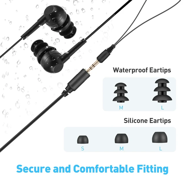 Alt view image 4 of 7 - IPX8 Waterproof in-Ear Earphones, Coiled Cable Swimming Earbuds | underwater earbuds with Stereo Audio Extension Cable, Wired, Black