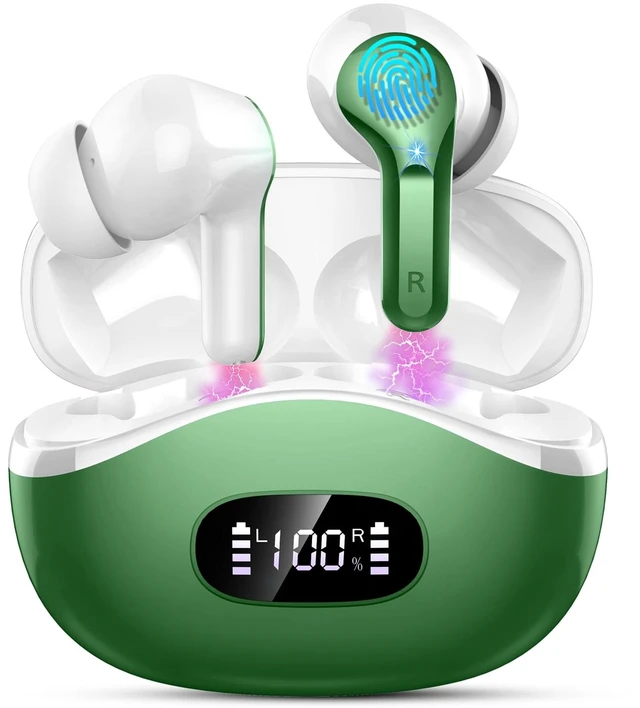 Main image of Wireless Earbuds, 2026 Bluetooth 5.4 Headphones Bass Stereo, Ear Buds with 4 Mics ENC Noise Cancelling, Bluetooth Earbuds 48H Playtime LED Display Charging Case, IP7 Waterproof in Ear Earphones, Green