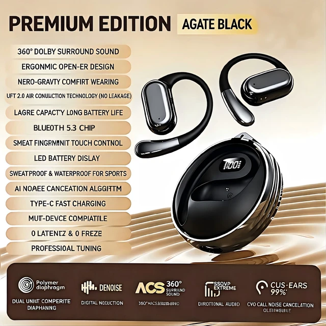 Alt view image 2 of 7 - Wireless Bluetooth Earphones, Rotatable Digital Display Ear Hook Headphones with Lanyard Hole, Bluetooth 5.3 Chip, Long Battery Life, IP Daily Waterproof Stereo Headset for Sports Running