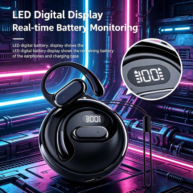 Alt view image 5 of 7 - Wireless Bluetooth Earphones, Rotatable Digital Display Ear Hook Headphones with Lanyard Hole, Bluetooth 5.3 Chip, Long Battery Life, IP Daily Waterproof Stereo Headset for Sports Running