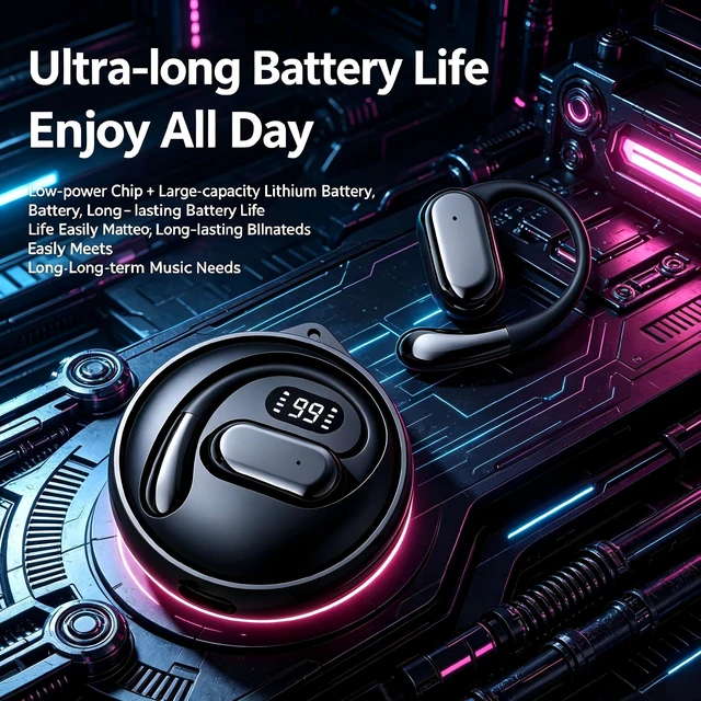 Alt view image 6 of 7 - Wireless Bluetooth Earphones, Rotatable Digital Display Ear Hook Headphones with Lanyard Hole, Bluetooth 5.3 Chip, Long Battery Life, IP Daily Waterproof Stereo Headset for Sports Running