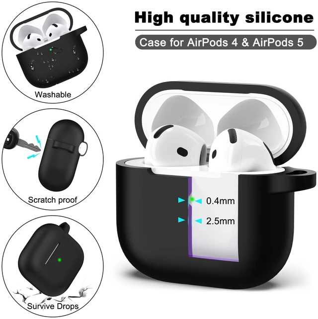Alt view image 5 of 6 - Silicone Case for AirPods 4 and AirPods 5, Black | Compatible with Apple AirPods 4 & AirPods 5, Includes Keychain & Cleaner Kit, Supports Wireless Charging