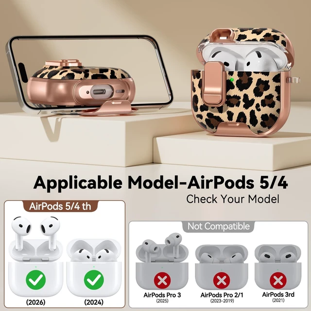Alt view image 2 of 7 - AirPods 5/4 Case (2026-2024) with Safety Lock - Leopard Print | As Phone Stand, for Women Girly, with Keychain & Cleaner Kit,Two-Piece Design,Support Wireless Charging,Clear TPU+PC Material