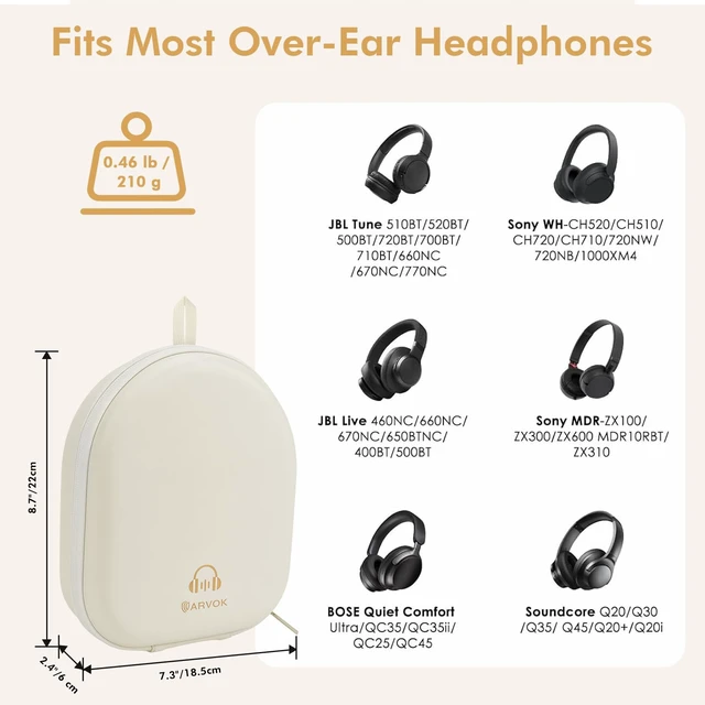 Alt view image 2 of 7 - Headphone Case Super-Slim PU Hard Shell for Sony/Bose/Soundcore Anker/BERIBES/KVIDIO/TOZO/JLab Over-Ear Headphones, Universal Travel Portable Bag with Adhesive Hook,Beige