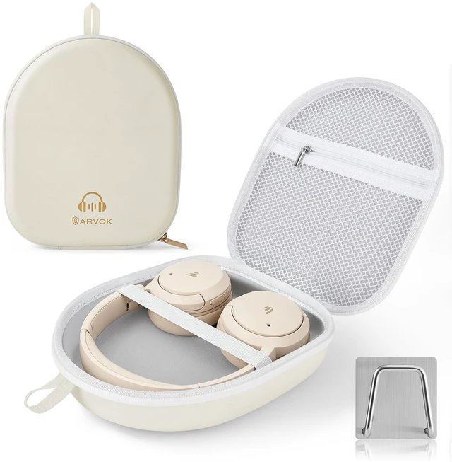 Main image of Headphone Case Super-Slim PU Hard Shell for Sony/Bose/Soundcore Anker/BERIBES/KVIDIO/TOZO/JLab Over-Ear Headphones, Universal Travel Portable Bag with Adhesive Hook,Beige