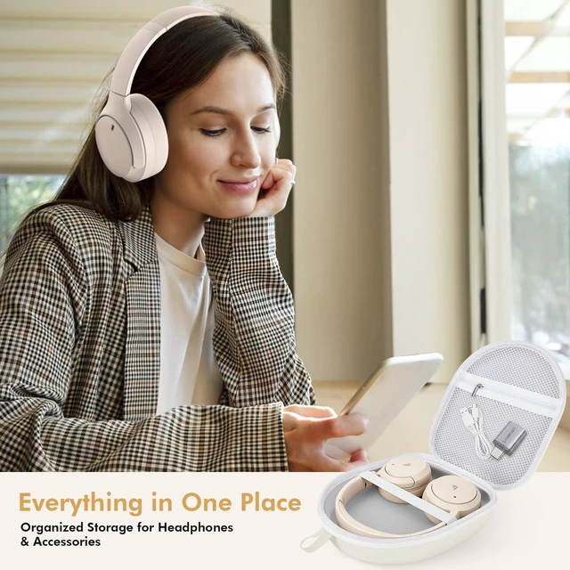 Alt view image 5 of 7 - Headphone Case Super-Slim PU Hard Shell for Sony/Bose/Soundcore Anker/BERIBES/KVIDIO/TOZO/JLab Over-Ear Headphones, Universal Travel Portable Bag with Adhesive Hook,Beige