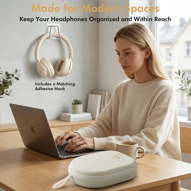 Alt view image 6 of 7 - Headphone Case Super-Slim PU Hard Shell for Sony/Bose/Soundcore Anker/BERIBES/KVIDIO/TOZO/JLab Over-Ear Headphones, Universal Travel Portable Bag with Adhesive Hook,Beige