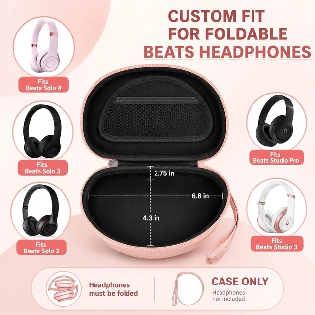Alt view image 2 of 7 - Hard Travel Headphone Case for Beats Solo 4, Solo 3, Studio Pro | Mesh Pocket, Detachable Wrist Strap, Fits Folded Headphones up to 6.8 x 4.3 x 2.75 In, Rose Gold, Bag Only