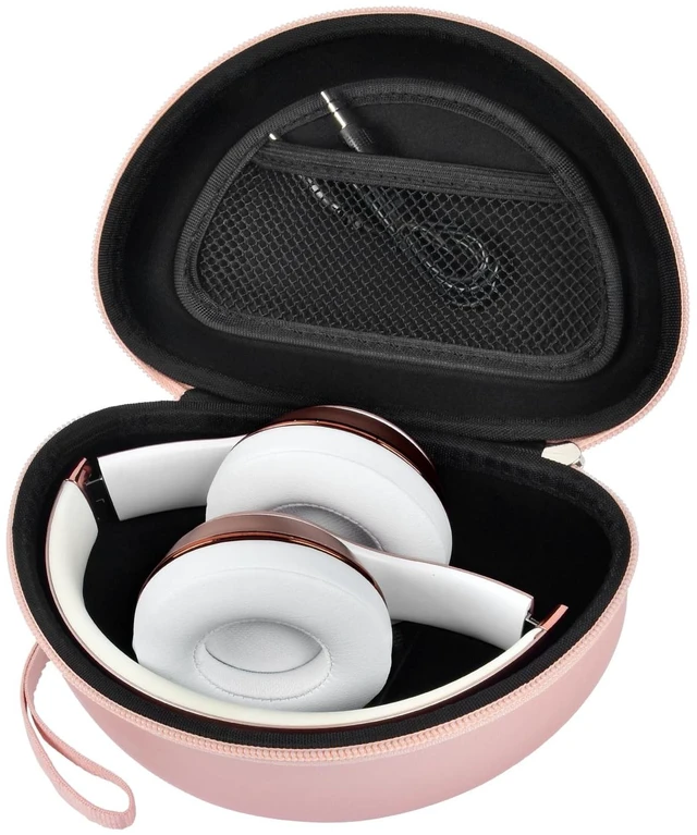 Main image of Hard Travel Headphone Case for Beats Solo 4, Solo 3, Studio Pro | Mesh Pocket, Detachable Wrist Strap, Fits Folded Headphones up to 6.8 x 4.3 x 2.75 In, Rose Gold, Bag Only