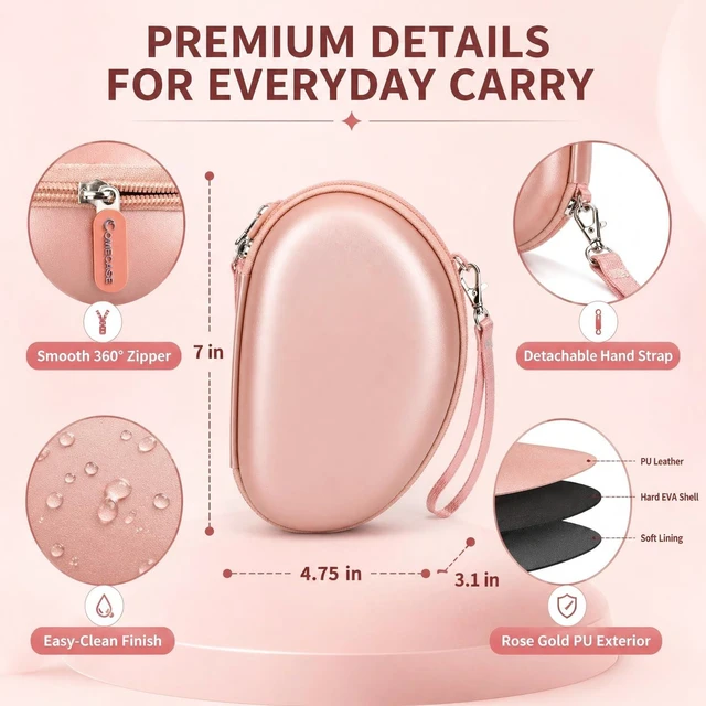 Alt view image 3 of 7 - Hard Travel Headphone Case for Beats Solo 4, Solo 3, Studio Pro | Mesh Pocket, Detachable Wrist Strap, Fits Folded Headphones up to 6.8 x 4.3 x 2.75 In, Rose Gold, Bag Only
