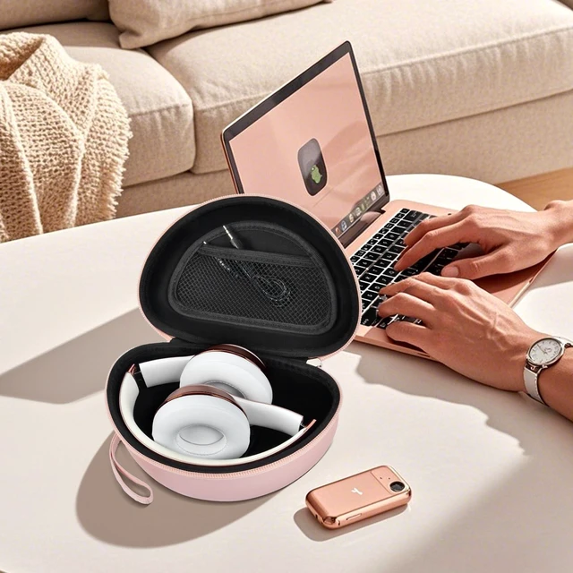 Alt view image 7 of 7 - Hard Travel Headphone Case for Beats Solo 4, Solo 3, Studio Pro | Mesh Pocket, Detachable Wrist Strap, Fits Folded Headphones up to 6.8 x 4.3 x 2.75 In, Rose Gold, Bag Only