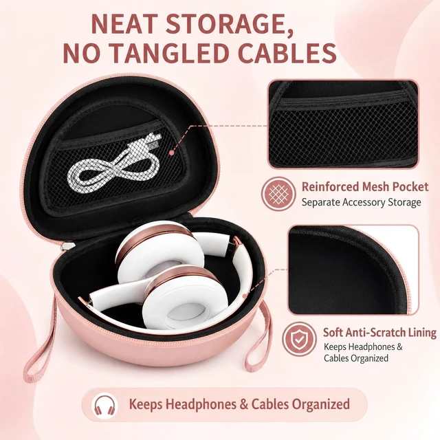 Alt view image 5 of 7 - Hard Travel Headphone Case for Beats Solo 4, Solo 3, Studio Pro | Mesh Pocket, Detachable Wrist Strap, Fits Folded Headphones up to 6.8 x 4.3 x 2.75 In, Rose Gold, Bag Only