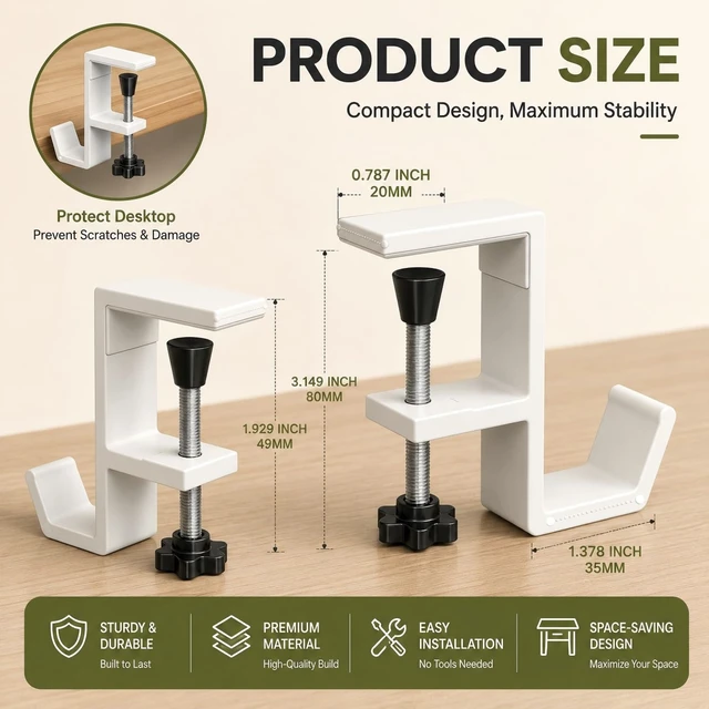 Alt view image 2 of 7 - Headphone Stand - Aluminum Alloy Headphone Holder, Under Headset Stand for Desk Fit for PC Gaming Headset Hanger Hook Suitable for Office, Computer, Student Class Desk, Handmade Creator Table (White)