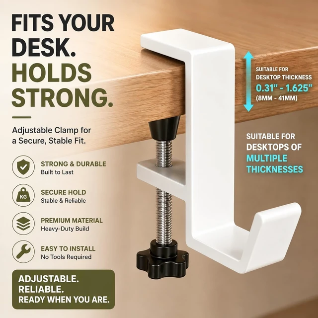 Alt view image 3 of 7 - Headphone Stand - Aluminum Alloy Headphone Holder, Under Headset Stand for Desk Fit for PC Gaming Headset Hanger Hook Suitable for Office, Computer, Student Class Desk, Handmade Creator Table (White)