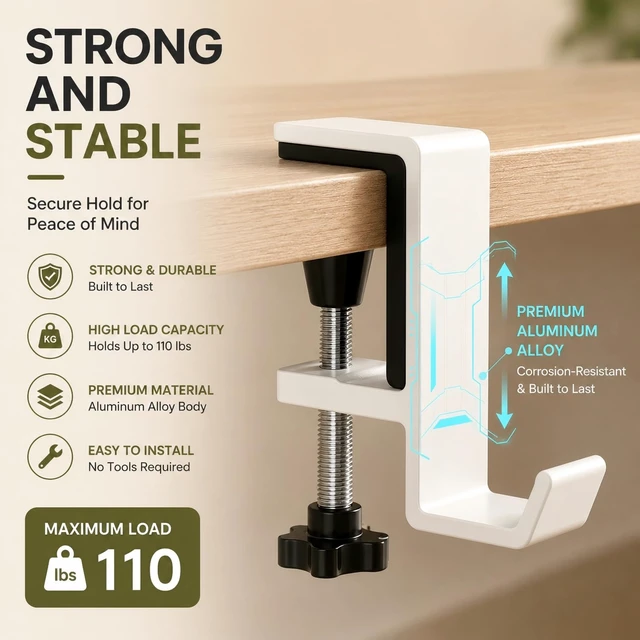 Alt view image 7 of 7 - Headphone Stand - Aluminum Alloy Headphone Holder, Under Headset Stand for Desk Fit for PC Gaming Headset Hanger Hook Suitable for Office, Computer, Student Class Desk, Handmade Creator Table (White)