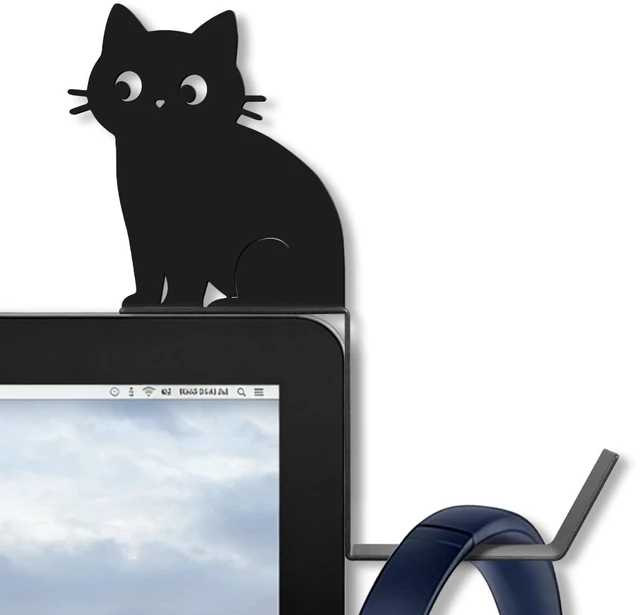 Main image of Metal Dog And Cat headphone holder for monitor, Sit cat, Black | Cute Animal Headset Holder, Saves Desk Space Organizer Decorative Hanger For Hanging Keys Cables And More