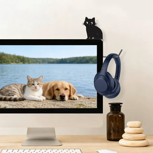 Alt view image 2 of 7 - Metal Dog And Cat headphone holder for monitor, Sit cat, Black | Cute Animal Headset Holder, Saves Desk Space Organizer Decorative Hanger For Hanging Keys Cables And More
