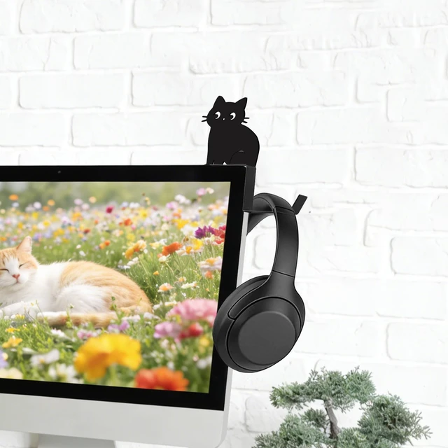 Alt view image 5 of 7 - Metal Dog And Cat headphone holder for monitor, Sit cat, Black | Cute Animal Headset Holder, Saves Desk Space Organizer Decorative Hanger For Hanging Keys Cables And More