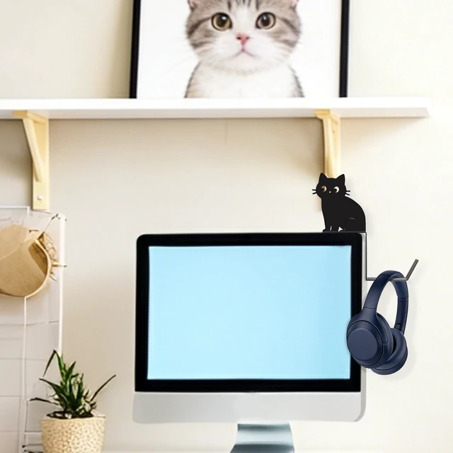 Alt view image 6 of 7 - Metal Dog And Cat headphone holder for monitor, Sit cat, Black | Cute Animal Headset Holder, Saves Desk Space Organizer Decorative Hanger For Hanging Keys Cables And More