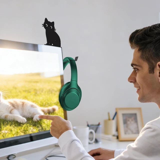 Alt view image 7 of 7 - Metal Dog And Cat headphone holder for monitor, Sit cat, Black | Cute Animal Headset Holder, Saves Desk Space Organizer Decorative Hanger For Hanging Keys Cables And More