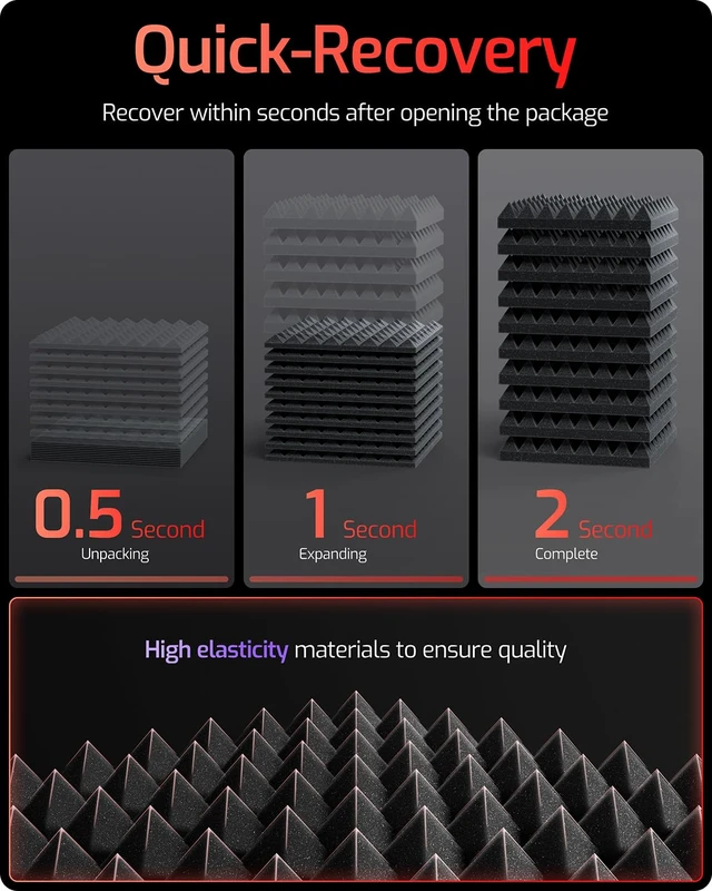 Alt view image 3 of 7 - Acoustic Panels 12 pack Self-Adhesive 2"X12"X12" Quickly-Expand Foam | Pyramid Sound Proof Foam Panels for Walls High Density Acoustic Wall Panels Sound Absorbing for Gaming Studio Decor,Black