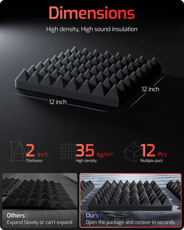 Alt view image 7 of 7 - Acoustic Panels 12 pack Self-Adhesive 2"X12"X12" Quickly-Expand Foam | Pyramid Sound Proof Foam Panels for Walls High Density Acoustic Wall Panels Sound Absorbing for Gaming Studio Decor,Black
