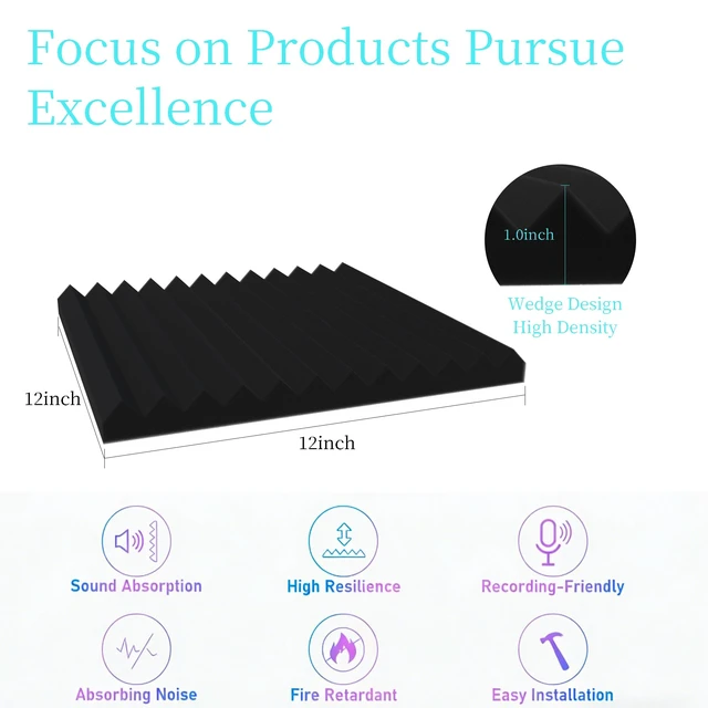 Alt view image 4 of 7 - 12 Pack Sound Proof Foam Panels for Walls, 1" x 12" x 12" High Density Acoustic Panels, Sound Absorbing Noise Cancelling Foam for Recording Studio, Office, Home Theater (Black, 12 Pack)
