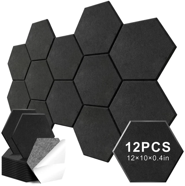 Main image of 12 Pack Hexagon Acoustic Panels, Self-Adhesive Sound Deadening Panels, Sound Proof Foam Panels for Walls, Flame Retardant, Noise Absorbing & Echo Reduction, 12" X 10" X 0.4" Black