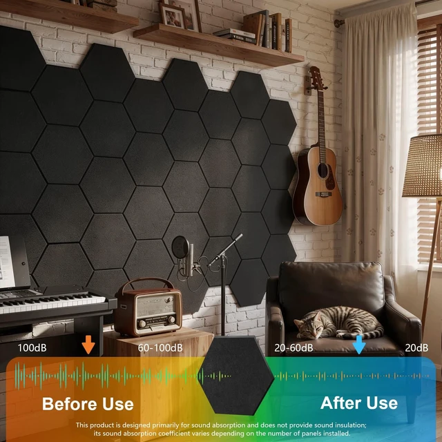 Alt view image 3 of 7 - 12 Pack Hexagon Acoustic Panels, Self-Adhesive Sound Deadening Panels, Sound Proof Foam Panels for Walls, Flame Retardant, Noise Absorbing & Echo Reduction, 12" X 10" X 0.4" Black