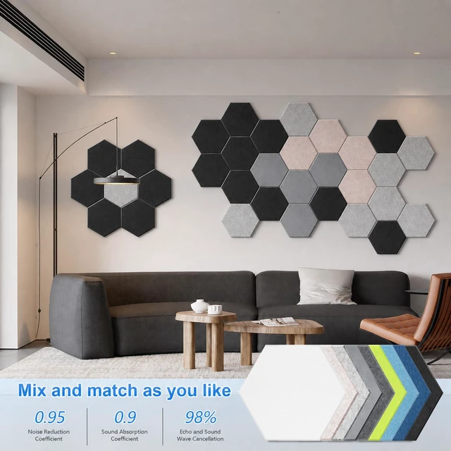 Alt view image 6 of 7 - 12 Pack Hexagon Acoustic Panels, Self-Adhesive Sound Deadening Panels, Sound Proof Foam Panels for Walls, Flame Retardant, Noise Absorbing & Echo Reduction, 12" X 10" X 0.4" Black