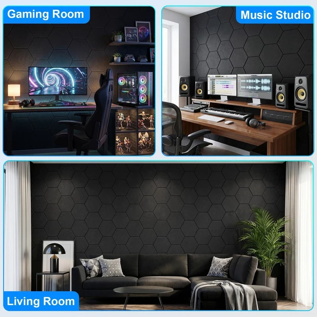Alt view image 7 of 7 - 12 Pack Hexagon Acoustic Panels, Self-Adhesive Sound Deadening Panels, Sound Proof Foam Panels for Walls, Flame Retardant, Noise Absorbing & Echo Reduction, 12" X 10" X 0.4" Black