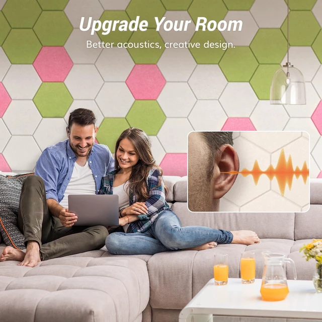Alt view image 3 of 6 - 12 Pack High Density Hexagon Acoustic Panels for Wall, 12"x 10"x 0.4" | Full Self-adhesive, Sound Insulation Treatment Foam Panel, Echo Absorbing Padding for Studio, Office, Home, Beige