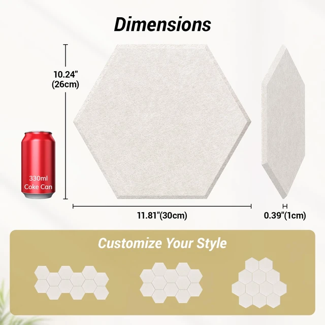 Alt view image 4 of 6 - 12 Pack High Density Hexagon Acoustic Panels for Wall, 12"x 10"x 0.4" | Full Self-adhesive, Sound Insulation Treatment Foam Panel, Echo Absorbing Padding for Studio, Office, Home, Beige