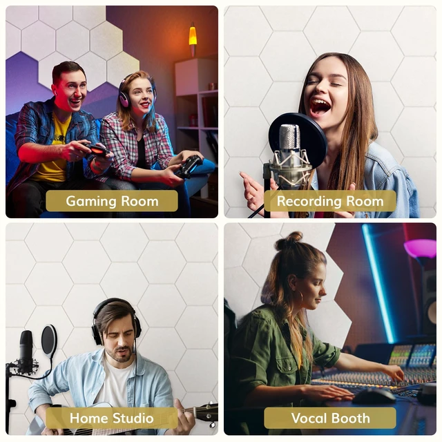 Alt view image 5 of 6 - 12 Pack High Density Hexagon Acoustic Panels for Wall, 12"x 10"x 0.4" | Full Self-adhesive, Sound Insulation Treatment Foam Panel, Echo Absorbing Padding for Studio, Office, Home, Beige