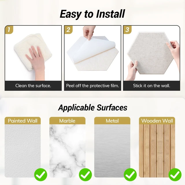 Alt view image 6 of 6 - 12 Pack High Density Hexagon Acoustic Panels for Wall, 12"x 10"x 0.4" | Full Self-adhesive, Sound Insulation Treatment Foam Panel, Echo Absorbing Padding for Studio, Office, Home, Beige