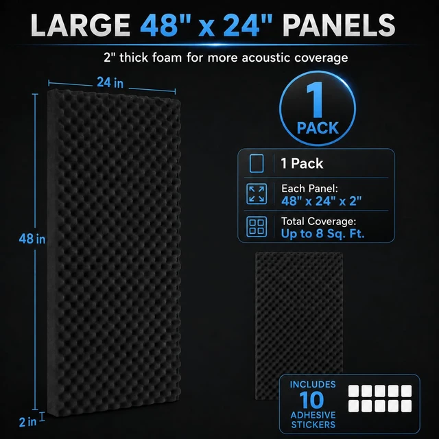 Alt view image 2 of 7 - 1 Pack Egg Crate Acoustic Foam Panels, 48 x 24 x 2 in | Large High-Density Foam Panels for Echo & Reverb Control; Includes 10 Adhesive Stickers for Easy Wall Application