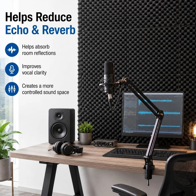 Alt view image 3 of 7 - 1 Pack Egg Crate Acoustic Foam Panels, 48 x 24 x 2 in | Large High-Density Foam Panels for Echo & Reverb Control; Includes 10 Adhesive Stickers for Easy Wall Application