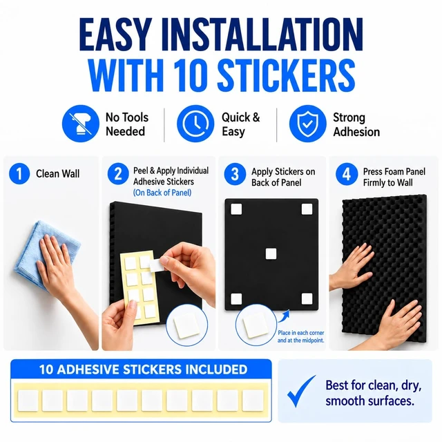 Alt view image 7 of 7 - 1 Pack Egg Crate Acoustic Foam Panels, 48 x 24 x 2 in | Large High-Density Foam Panels for Echo & Reverb Control; Includes 10 Adhesive Stickers for Easy Wall Application