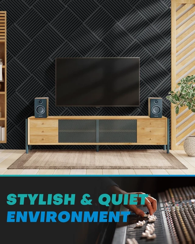 Alt view image 4 of 7 - 52 Pack Acoustic Foam Panels, 1 X 12 X 12 Inches Sound Proof Foam Panels for Walls, High Density Acoustic Panels Sound Absorbing, Black White Noise Cancelling Studio Wedges (NOT INCLUDE ADHESIVE)