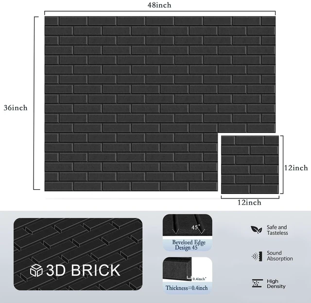 Alt view image 2 of 7 - 12Pack Acoustic Panels, Brick Pattern Sound Proof Panels for Walls | 12"×12"×0.4", Black, NRC>0.95 Absorbs Noise, High Density, Self-Adhesive Odorless Durable, for Recording Studios