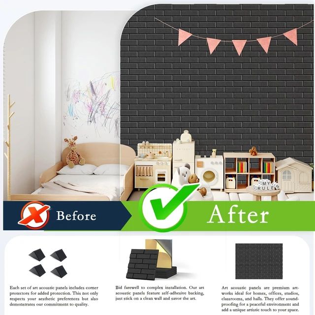 Alt view image 5 of 7 - 12Pack Acoustic Panels, Brick Pattern Sound Proof Panels for Walls | 12"×12"×0.4", Black, NRC>0.95 Absorbs Noise, High Density, Self-Adhesive Odorless Durable, for Recording Studios