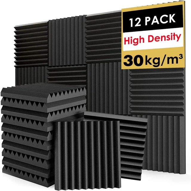 Main image of Acoustic Foam Panels, Sound Proof Foam Panels for Walls, High Desnsity Studio Soundproofing Wedges - Fire Resistant & Noise Absorbing for Studio, Office, Home (Black, 1"x12"x12" 12Pack)