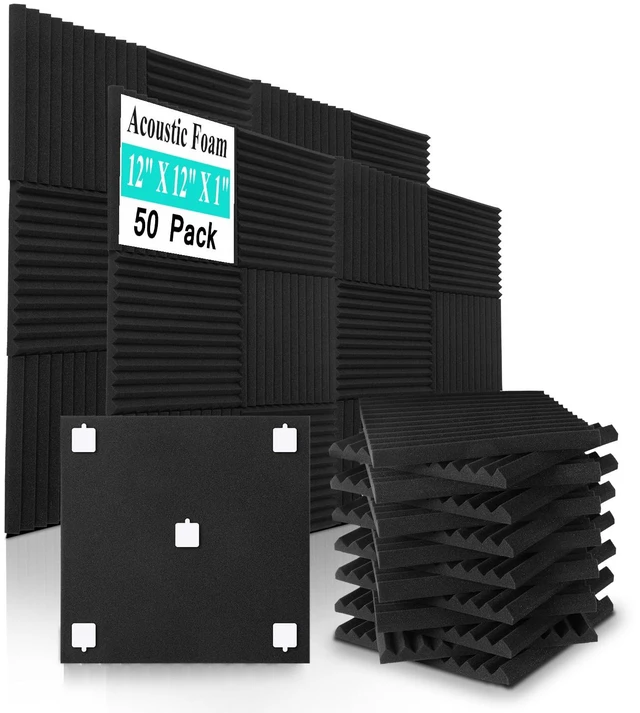 Main image of 50 Pack Sound Proof Foam Panels,12"×12"×1" Acoustic Foam Panels, High Density Soundproof Wall Panels for Home Office Recoding Studio,With 250PCS Adhesive Stickers (Black, 50 Pack)