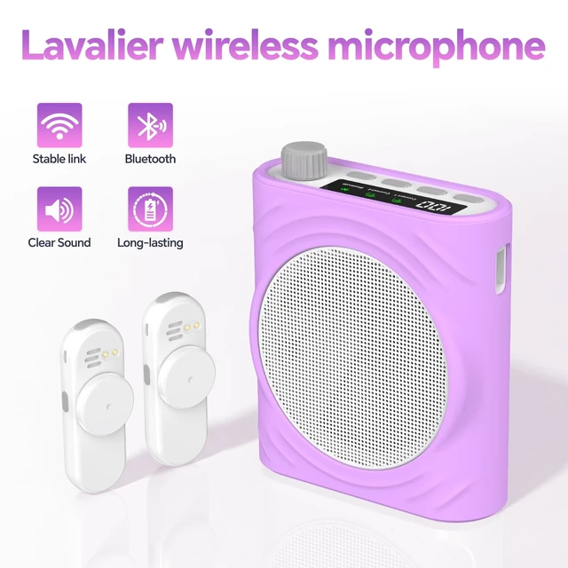 Alt view image 2 of 7 - Voice Amplifier for Teachers, Portable Bluetooth Mini Personal Speaker with Wireless Lavalier Mic & Silicone Protective Cover, Ideal for Classroom, Conference and Tour Guide (Purple)