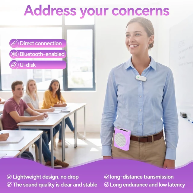 Alt view image 5 of 7 - Voice Amplifier for Teachers, Portable Bluetooth Mini Personal Speaker with Wireless Lavalier Mic & Silicone Protective Cover, Ideal for Classroom, Conference and Tour Guide (Purple)