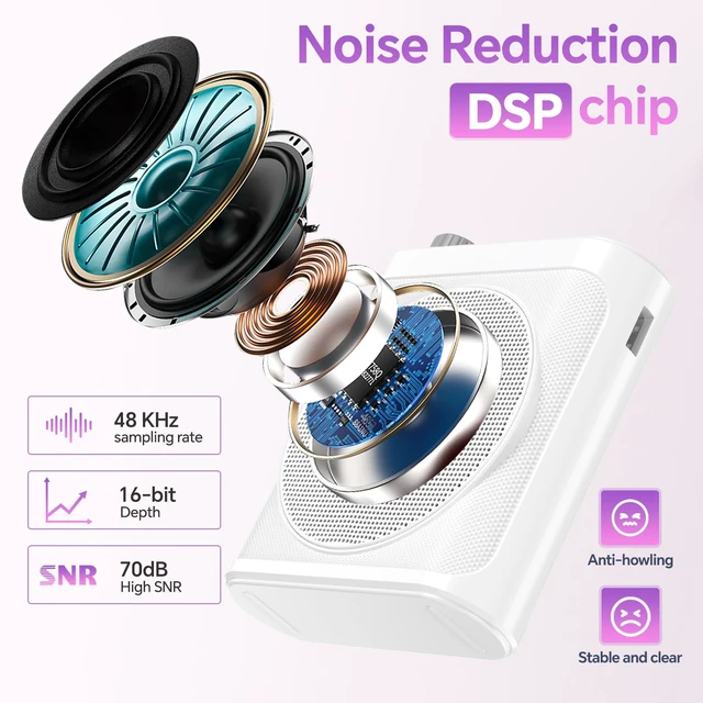 Alt view image 4 of 7 - Voice Amplifier for Teachers, Portable Bluetooth Mini Personal Speaker with Wireless Lavalier Mic & Silicone Protective Cover, Ideal for Classroom, Conference and Tour Guide (Purple)